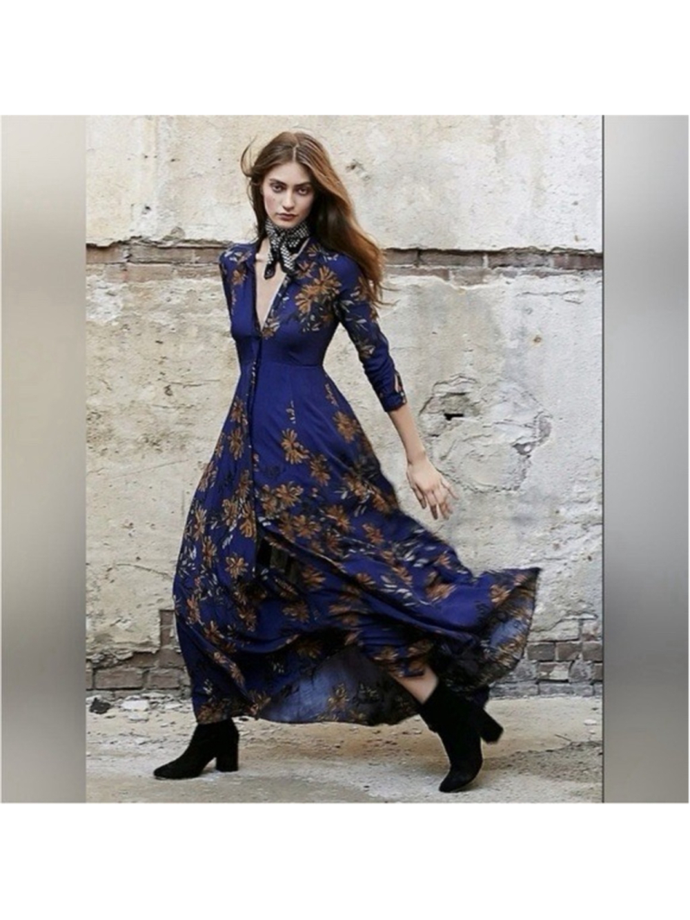 Free People After The Storm Floral Print Boho Maxi Shirt Dress Navy Blue Sz 0